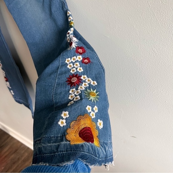 Bohemian High Waister Floral Embroidered Flare Blue Denim Jeans Extra Large - Picture 6 of 11